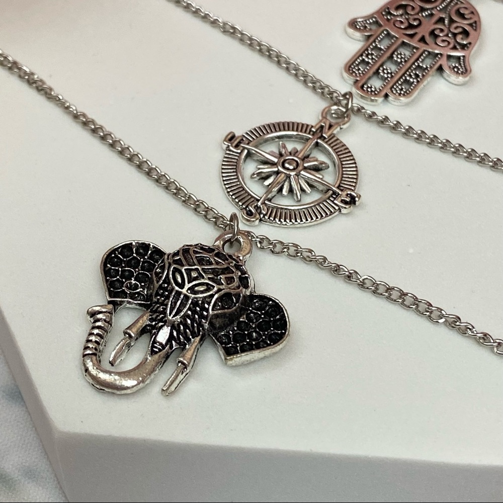Boho Silver Leaf Hamsa Compass Elephant Necklace - Picture 9 of 15